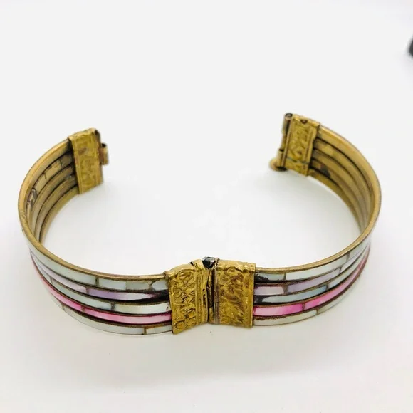 Vintage Brass Mother of Pearl Boho Bracelet - Picture 11 of 12